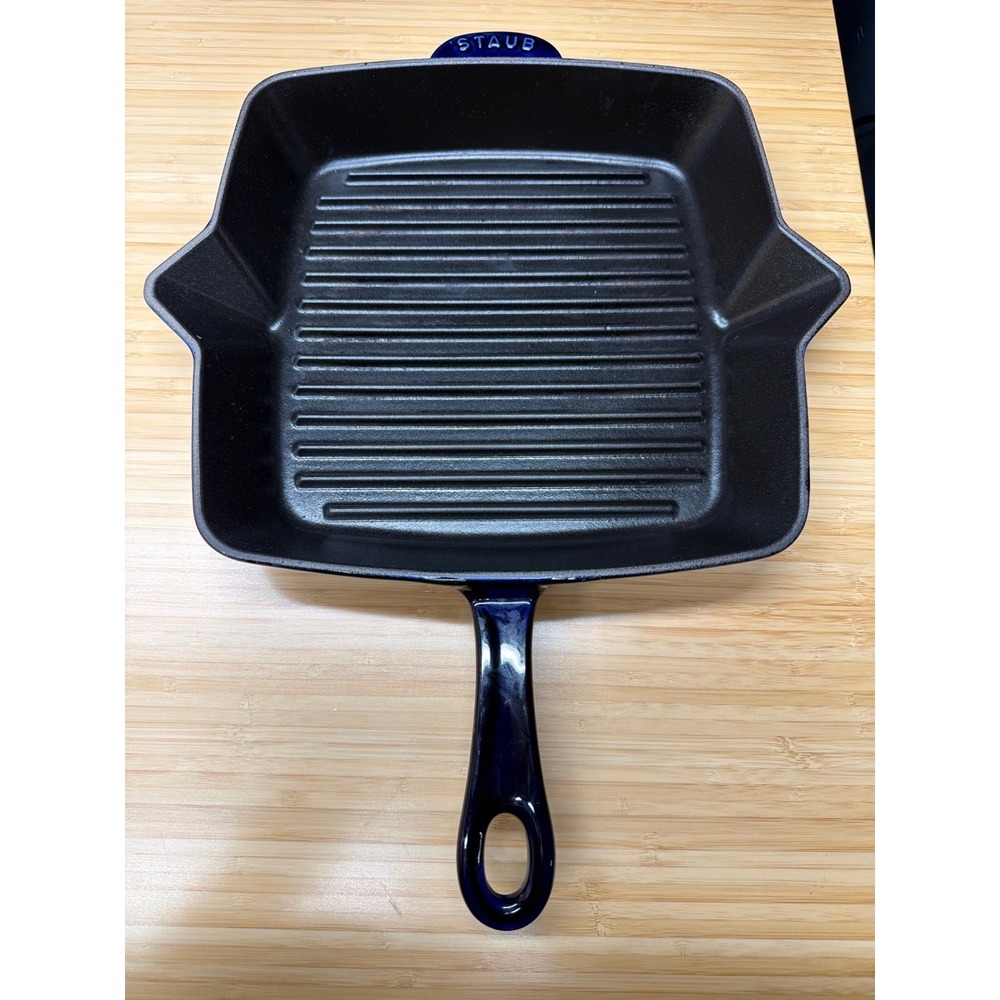 Staub 10" Square Enameled Cast Iron Grill Pan Dark Blue Made in France